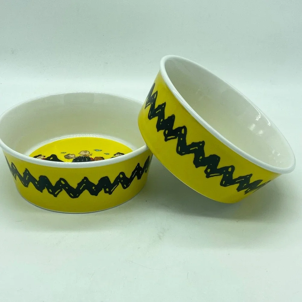 Peanuts Charlie Brown Zig Zag Ceramic Bowls Set of‎ 2 Gibson Yellow Black Gang